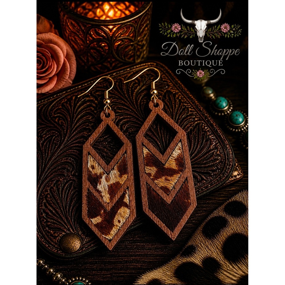 Brown Faux Cowhide Hair Wood Earrings | Western Boho Dangle 🤠